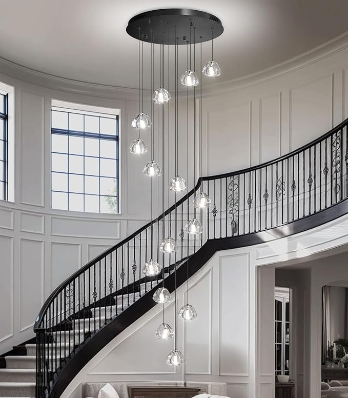 LED Glam Chandelier 118 inches Long Light Luxury Crystal Ceiling Chandeliers Remote Dimmable High Ceiling Pendants Lighting Fixtures Black 15 Lights
