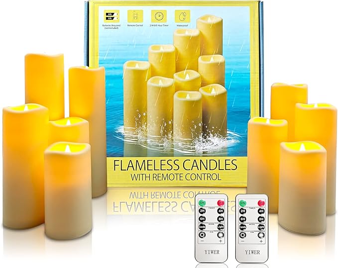 YIWER Waterproof Flameless Candles, Outdoor Battery Operated LED Pillars Candles, Electric Fake Candle Set of 9 with Remotes, Halloween, Christmas Decorations