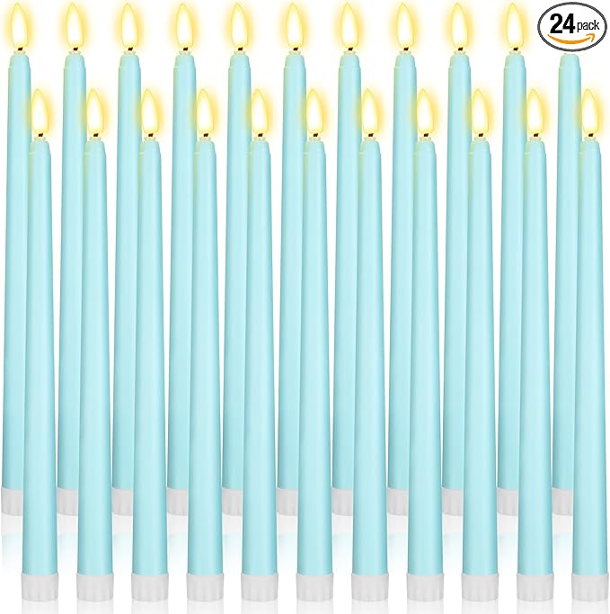 Macarrie 24 Packs Flameless Taper Candles Battery Operated Fake 11 Inch Long Candlelight LED Flameless Candlesticks Flickering Tapered for Spring Summer Wedding(Teal)