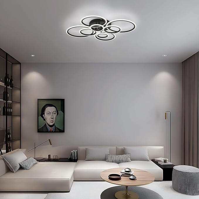 Vikaey Modern LED Flush Mount Ceiling Light, 8 Rings Black Close to Ceiling Light Fixtures, Living Room Lighting Ceiling Lamp for Dining Room, Bedroom, Kitchen, 4000K Not Dimmable