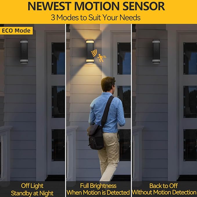 SHIMR Motion Sensor Outdoor Wall Light, Modern Dusk to Dawn Up Down Sconce with 3 Modes, Waterproof Exterior Light Fixture for Porch Garage Patio, 3000K LED Bulb Included, Black Finish