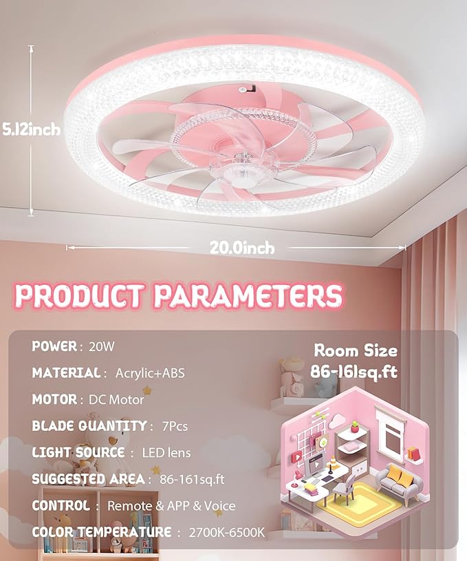 2 in 1 Wifi RGB-LED 20” Ceiling Fans with Lights and Remote, 3000-6500K Dimmable Flush Mount Smart Low Profile Ceiling Fan with Lights, Bluetooth Bladeless Fans with APP, for Bedroom, Pink