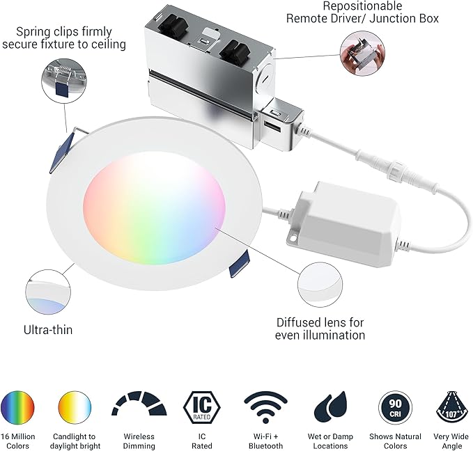 HALO 4” Smart Wi-Fi Slim Canless Recessed LED Downlight Powered by WiZ Pro, Dimmable Full Color with Smart Home Integration - HLB4069WZRGBWMWR