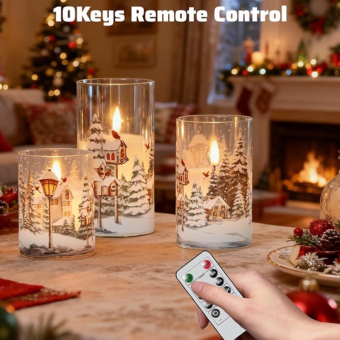 Wondise Red Bird Glass Flameless Candles with Remote Timer, Battery Operated Real Wax 3D Wick LED Flickering Pillar Candles for Christmas Decoration Thanksgiving Holiday Gift