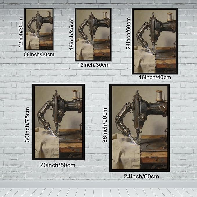 Framed Steampunk Mechanical Sewing Machine Wall Art - Retro Industrial Workshop Poster for Home Office Studio Decor 24x36in