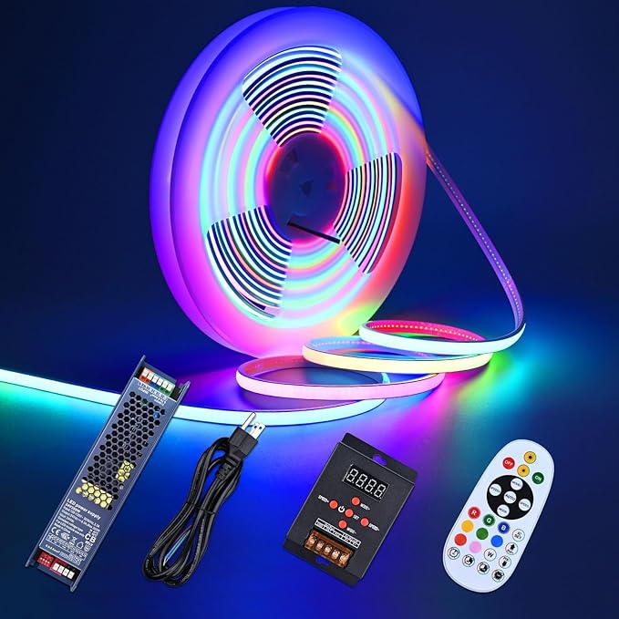 GOMING 24V 32.8ft/10M WS2811 Neon RGB COB LED Strip Addressable IP67 Waterproof with Controller and 24V 200W Power Supply 576LED/M 16W/M Uniform Glow Flexible Self-Adhesive LED Tape for DIY Home Decor