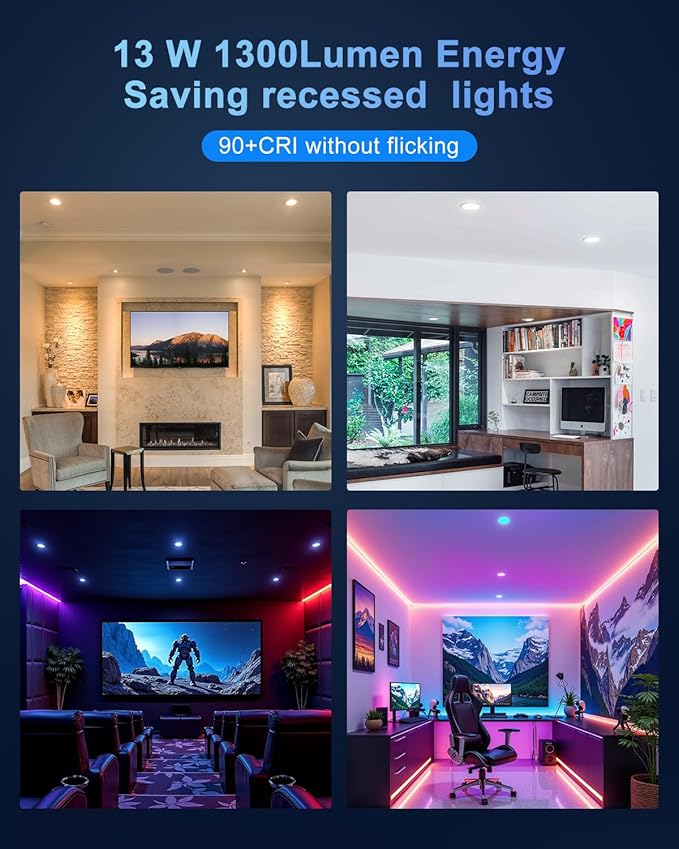 Smart Recessed Lighting 6 Inch, RGBCW Color Changing Smart Can Light Bluetooth Connect, Flicker Free, 13W 1300LM, Dimmable Retrofit Downlight Works with Alexa Voice & App Control, 12 Pack