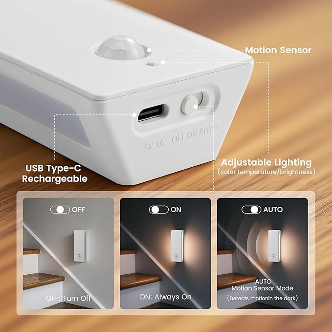 Rechargeable Battery Night Light with Motion Sensor, Cordless Battery-Powered Stick-on Magnet Toilet Lights, Soft Two-Sided Glow, 3CCT Dimmable, for Bedroom, Closet, Stairs (ABS *3pack)