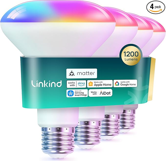 Linkind Matter Smart Light Bulb,1200LM 85W BR30 Smart Flood Light Bulbs Work with Alexa, Apple Home, Google Home, RGBTW Recessed Color Changing Bulbs E26, 2.4GHz Only WiFi Light Bulbs LED, 4Pack
