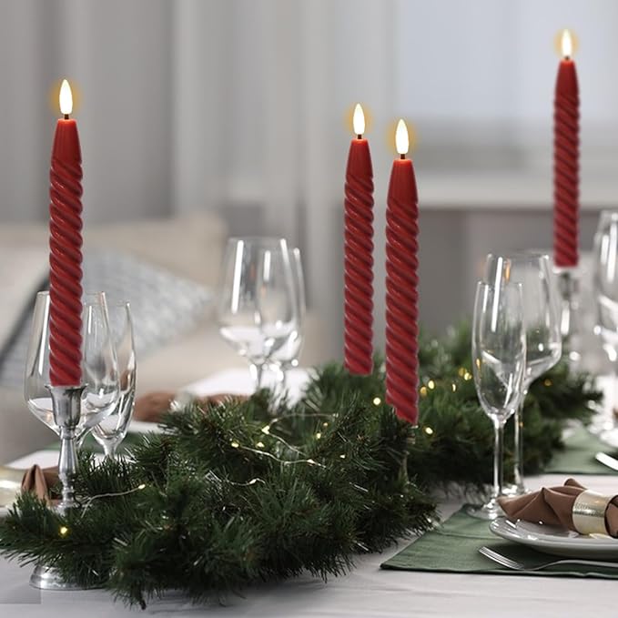 Red Flameless Taper Candles Flickering with Remote Timer, 3D Wick LED Spiral Candlesticks Battery Operated 6 Pack Real Wax Party Christmas Home Decor(0.78 X 9.8 Inchs)