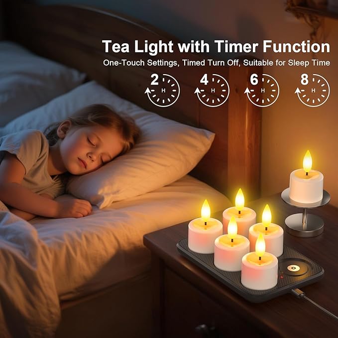 PChero Rechargeable Waterproof Tea Lights with Remote & Magnetic Charging Base, Battery Operated Flameless Candles with Timer, 6 Pack LED Votive Candles Flickering, 100+H Lasting, 1.5" D x 2.16" H