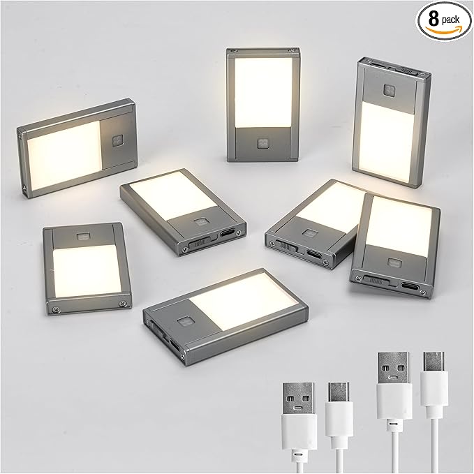 V4light Rechargeable Motion Sensor Night Lights, 8-Pack - Painted Grey Aluminum Alloy, Ultra-Compact Magnetic Mount, 3000K Warm White Glow, Ideal for Hallways, Bedrooms, Stairs & Nightly Use