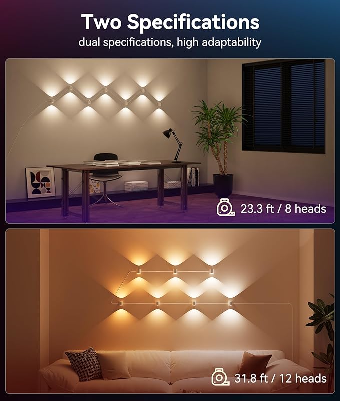 12-Light RGBCW Wall Sconce Light, Up/Down Bedroom Wall Lights, Music Sync, DIY-Styling Color-Changing Wall Lamps for Living Room Party Home Decor, Works with Alexa/Google Assistant, 31.8ft
