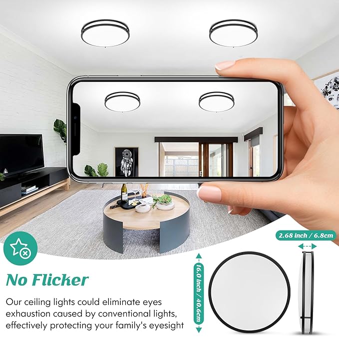 16 Inch LED Flush Mount Ceiling Light Fixture 2PACK, Dimmable 5CCT Selectable 2700K Warm White-6500K Super Bright Daylight White, 50W 6000LM Round Black Ceiling Lamps for Living Room Bedroom Kitchen