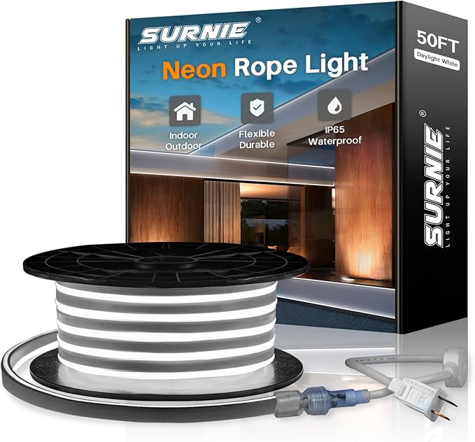 SURNIE 50ft/15m LED Neon Rope Lights - 110V Flex Strip Lights Outdoor Waterproof - 6000K Daylight White Flexible DIY Cuttable Connectable Light for Bar, Gaming Room, Commercial Building Use