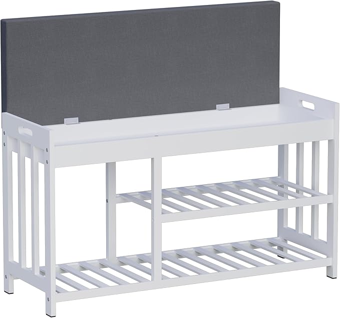 Shoe Rack Bench with Cushion,2 Tiers Shoe Bench with Flip-Top Storage,Wood Shoe Rack for Entryway, Hallway, Bedroom, Front Door Entrance (White)