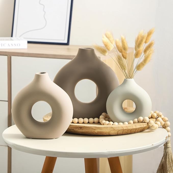 Ceramic Vase Home Table Decor - Flower Vases Set of 3 Small Living Room Centerpiece Decorations for Shelf Bedroom Office Kitchen Dining Desk Modern Aesthetic Farmhouse Decorative (Farmhouse)