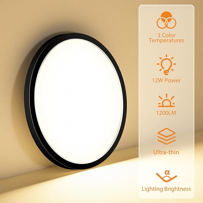 1PACK LED Flush Mount Ceiling Light Fixture, 3000K-4000K-6500K & 100W Equivalent Modern Kitchen Ceiling Lamp 12W 1200Lm 6.5 Inch Closet Round Surface for Bathroom Laundry Bedroom Hallway, Black