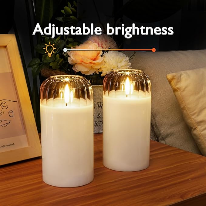 Homemory Glass Flameless Candles, Battery Operated Plliar Candles Realistic Flickering, LED Electric Light with Remote and Timer for Home, Christmas Decoration, White, Set of 2