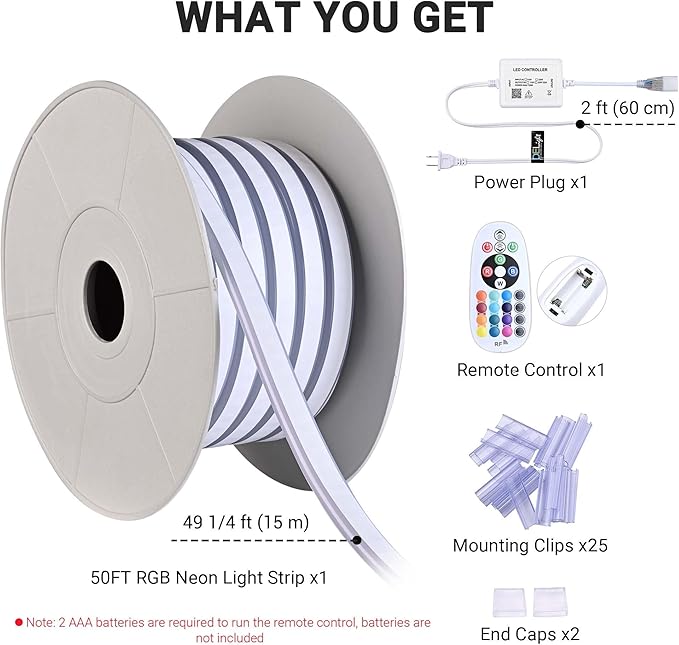DELight AC 110-120V Waterproof IP65 RGB 50ft Neon Rope Lights with Remote Control & APP Music Sync Dimmable Cuttable Flexible LED Strip Lights Outdoor DIY Project DEL-D50R