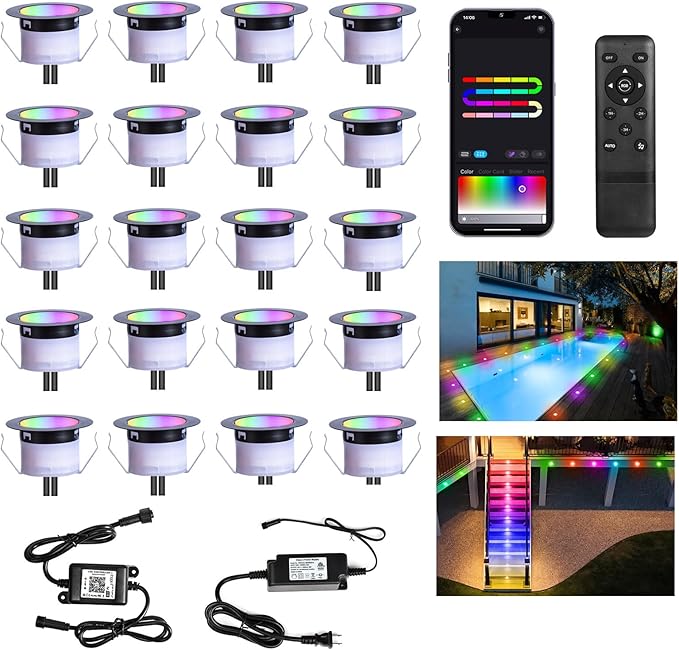 Sumaote LED Deck Lights Kit, 20 Pack 1.77" RGBW+IC Multicolor Dynamic Low Voltage Recessed Landscape Lights, IP67 Waterproof 12V Step Light Outdoor for Garden Yard Path Ground Stairs
