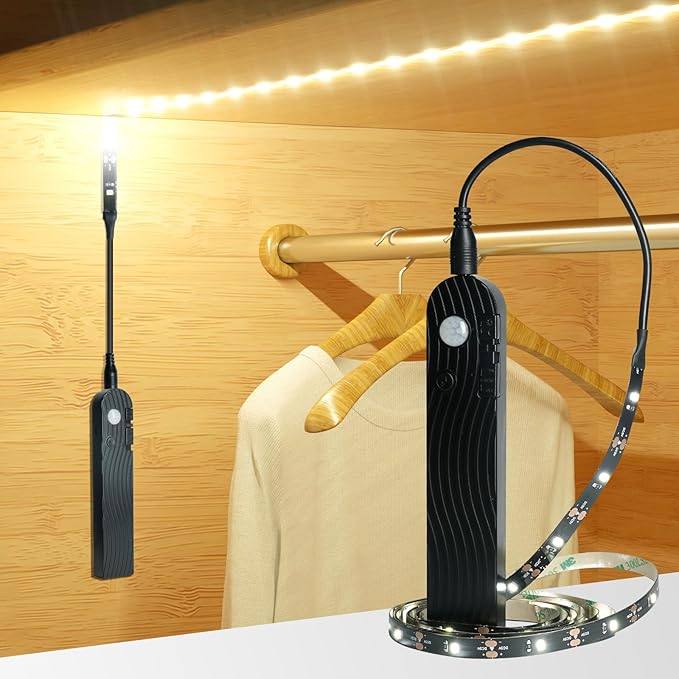 Sensky Motion Activeted LED Strip Lights Rechargeable Motion Sensor LED Strip Dimmable Cabinet Strip Lighting for Wardrobe, Gun Safe, Cabinet, Pantry, Closet (2M Black, Warm White)