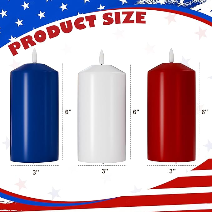 Patriotic Red White and Blue Candles, Real Wax Flameless Pillar Candles with Remote, 4th of July Led Candles, Independence Day Flameless Candles for Patriotic Decor, 3 Pack (D 3" x H 6")