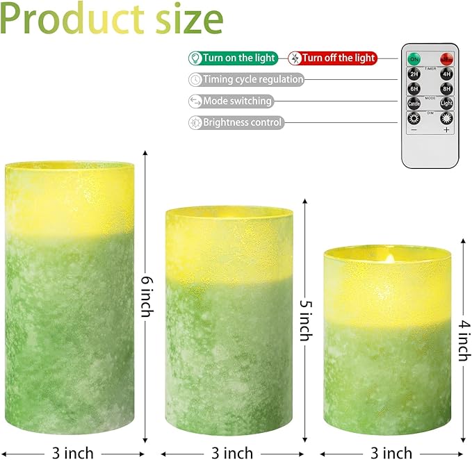 Green Battery Operated Candles with Remote and Timer, Real Wax Flickering Flameless Candles, Glass LED Pillar Candles for Party Wedding Halloween Christmas Decoration