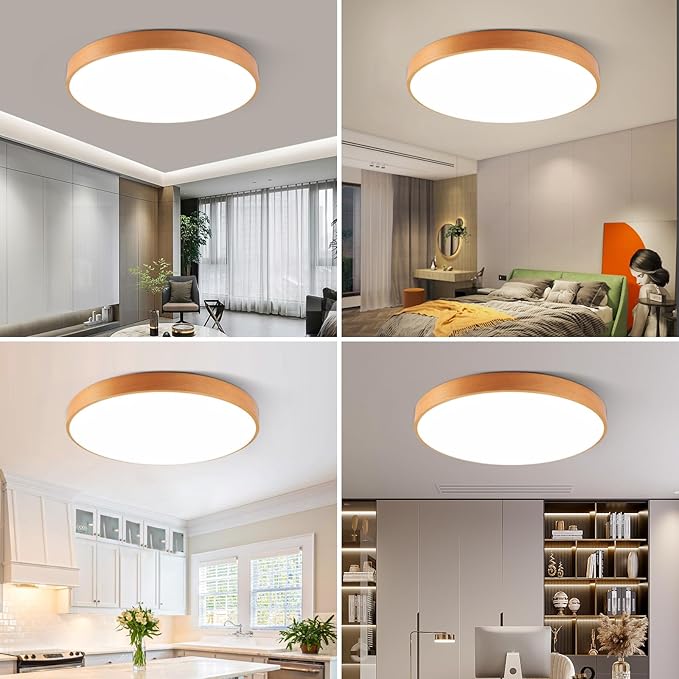 HOREVO Smart Flush Mount Ceiling Light with Remote - Alexa/Google Home Compatible, Dimmable RGB Color Changing (2700K-6000K), 12" Modern Minimalist wood ceiling light for Bedroom/Living Room/Kids Room