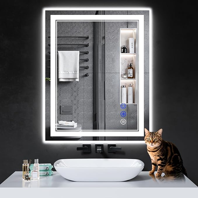 30"x24" LED Bathroom Mirror with Anti-Fog, Stepless Dimmable Lights, 3 Color Modes, Shatter-Proof Tempered Glass,Waterproof Design