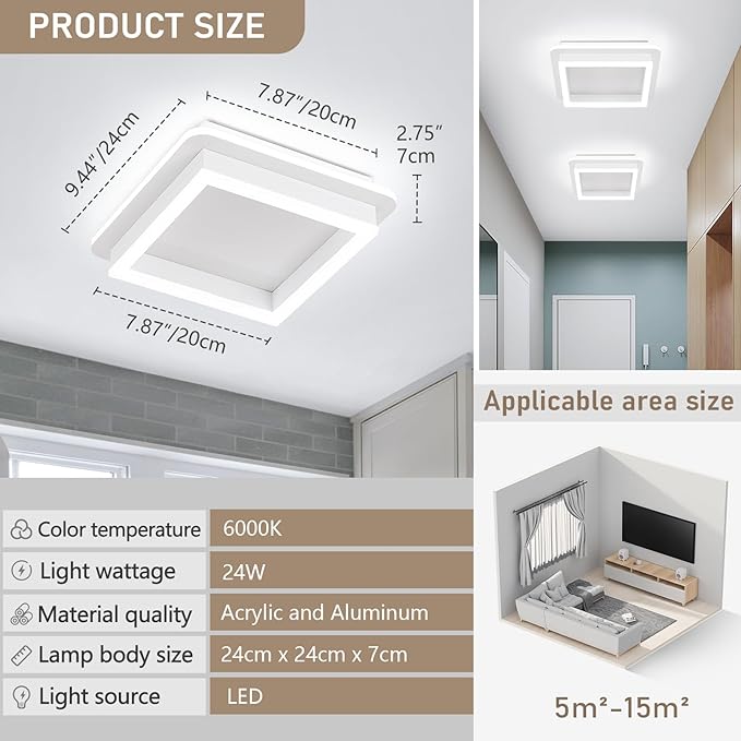 CANEOE 24W Square Hallway Light, Modern Flush Mount Led Ceiling Light,White Acrylic Close to Ceiling Lights for Bedroom Dining Room Kitchen Balcony Bathroom Aisle Ceiling Lamp (Cool White,6000K)