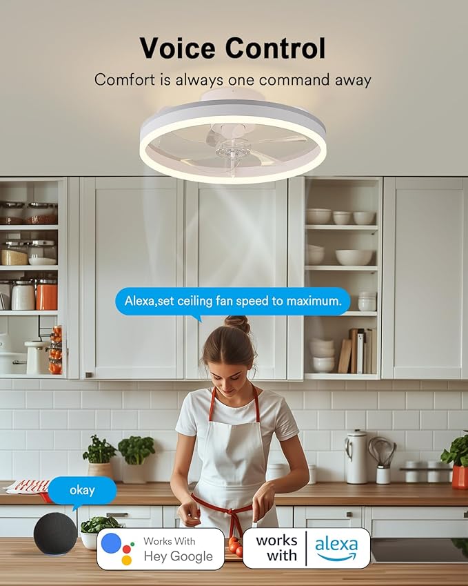 Lumary Smart WiFi Ceiling Fans with Lights, RGBAI Flush Mount Ceiling Fans with Lights and Remote, Dual Lighting Mode Modern LED Low Profile Ceiling Fan for Bedroom Works with Alexa Google, 20in White