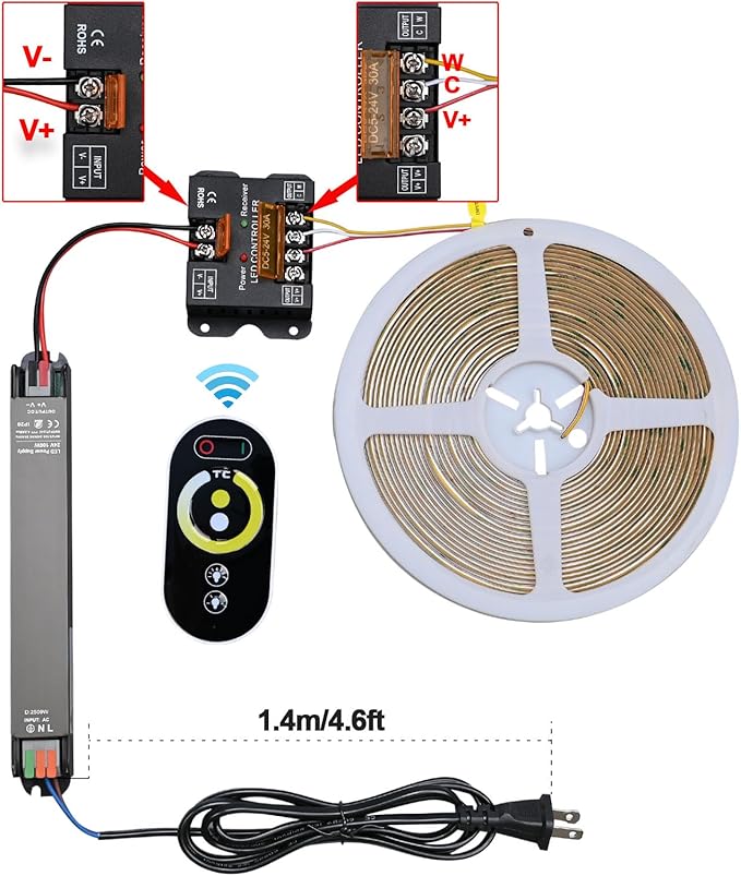 GOMING CCT COB LED Strip Light 24V 32.8ft(10M) 2700K-6500K Tunable White with 24V 100W Power Supply and Controller 576LEDs/M CRI 93+ Flexible IP20 Not Waterproof LED Tape Lights for Home Decor