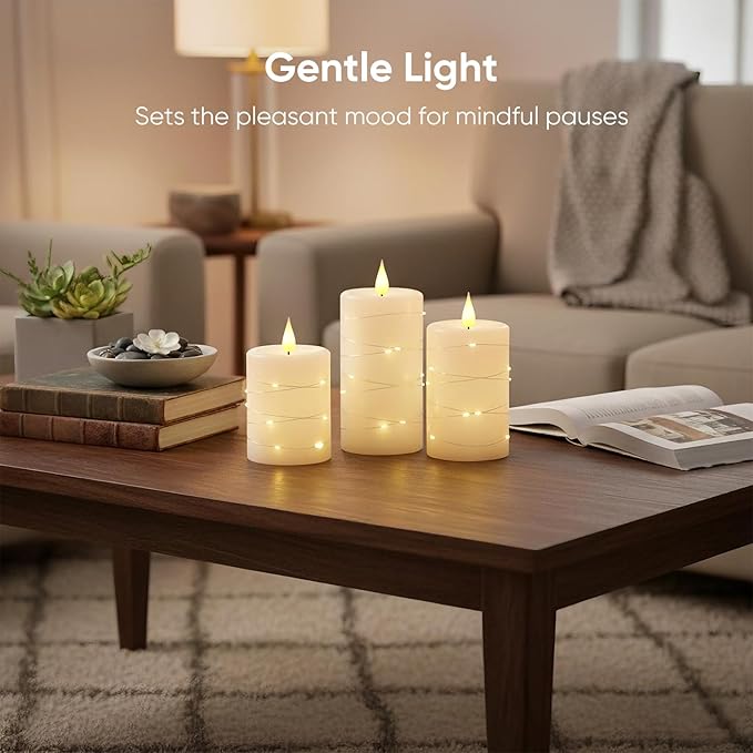 Amagic 3"×6" Flameless Candles with String Lights, White 11-Key Remote & Timer Battery Operated Flickering Led Pillar Candles Real Wax for Home, Lantern, Halloween and Christmas Decor, Set of 2