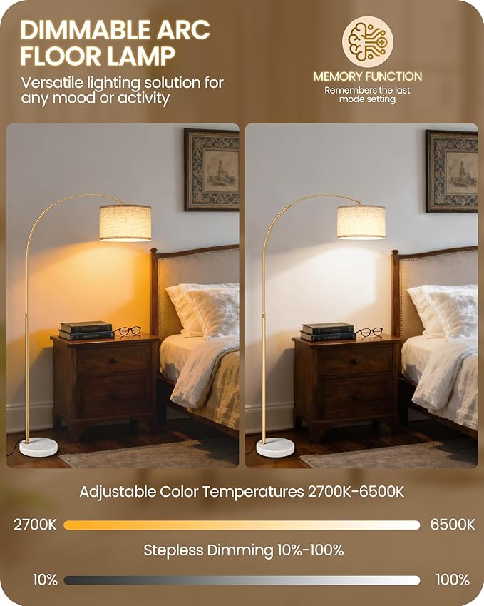 75" Arc Floor Lamp with Marble Base and Adjustable Height, Rotating Hanging Shade, Dimmable Gold Floor Lamp for Living Room with Remote and Foot Switch, 3 Color Temperatures, Timer, DE15LD05