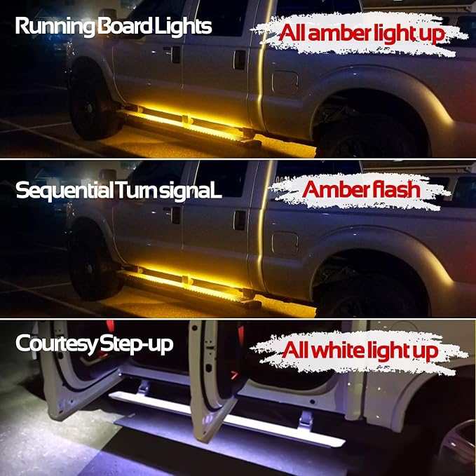 Truck Running Board Lights, Amber Turn Signal Lights Sequential Side Maker Lighting Kits, 2PCs 48 Inch White Courtesy Flexible Step Strip Lights for Extended Crew Cab Trucks Pickup (48")