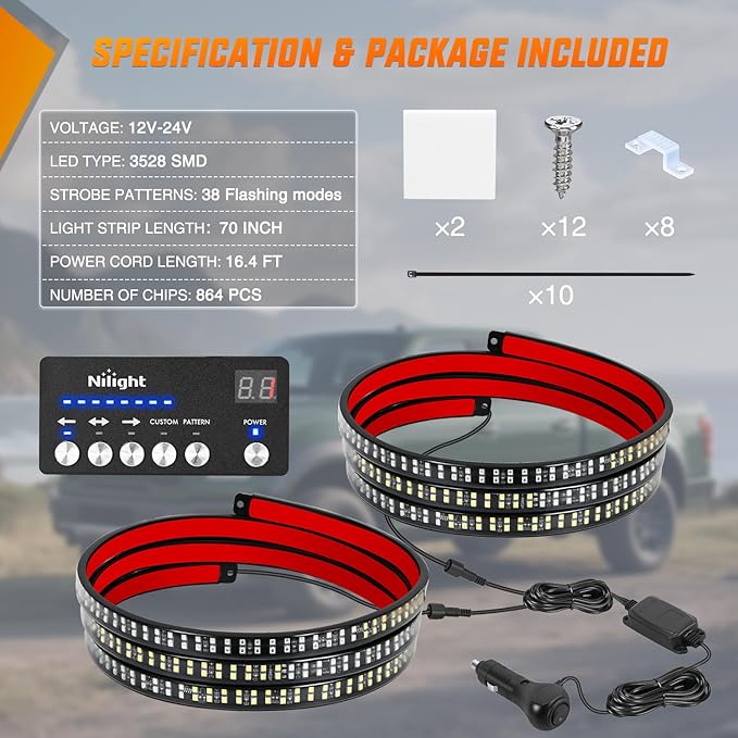 Nilight 2PCS 70 Inch Emergency Strobe Light Strip with Controller 864 LED Blue White Running Board Lights Flexible Side Flashing Warning Caution Safety Waterproof for Truck Construction Pickup