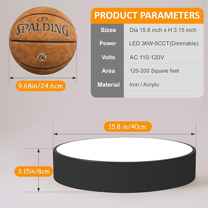Flush Mount LED Ceiling Light, Dimmable 5CCT Modern Round Close to Ceiling Lighting Fixtures, Minimalist Black Ceiling Lamp,15.8 Inch