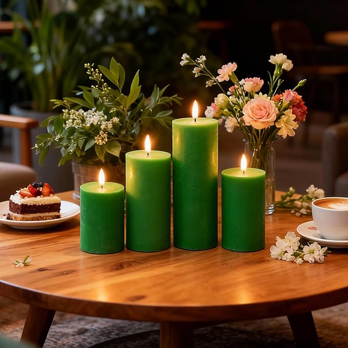 Green Flameless Candles, 4 Pack Battery Operated Candles for St. Patrick’s Day, Real Wax LED Fake Candles for Spring Decor Party Centerpiece Green