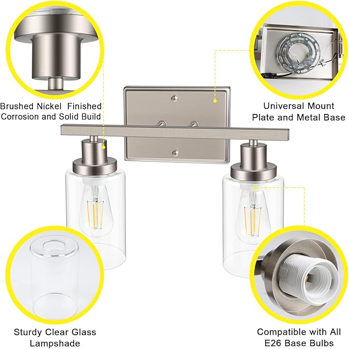 Ascher 2-Light Wall Sconces, Modern Vanity Light Fixture with Clear Glass Shade, Brushed Nickel Wall Light for Mirror Bedroom Hallway, E26 Base (Bulbs Not Included)