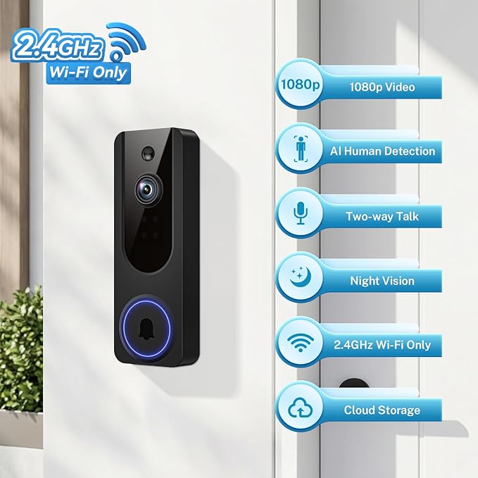 1080P Wireless Video Doorbell Camera, Battery Powered Door Chime, Night Vision, 2-Way Audio, Smart AI Human Detection, Cloud Storage, Home Security Door Bell