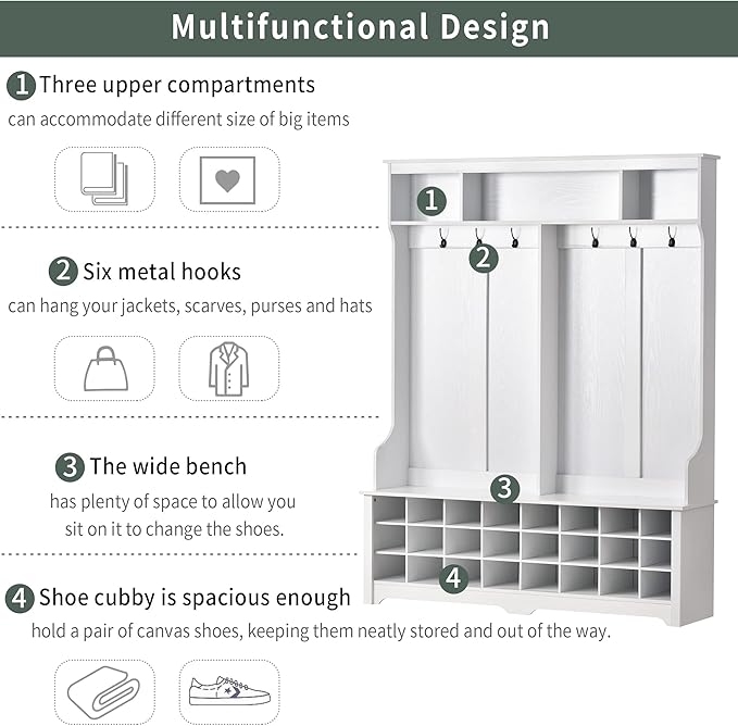 Modern Style Multiple Functions Hallway Coat Rack with Metal Black Hooks, Entryway Bench 60" Wide Hall Tree with Ample Storage Space and 24 Shoe Cubbies (White)