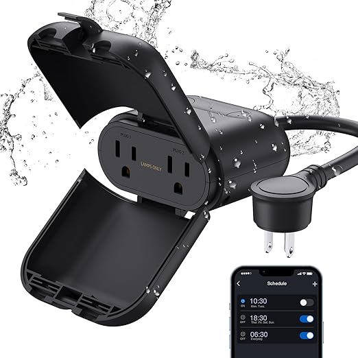 ELEGRP PQR22 Outdoor Smart Dimmer Plug Waterproof IP66, Smart WiFi Plug with 2 Individually Sockets, Compatible with Alexa & Google Assistant, Outdoor Dimmer for String Lights, UL Listed, 1 Pack