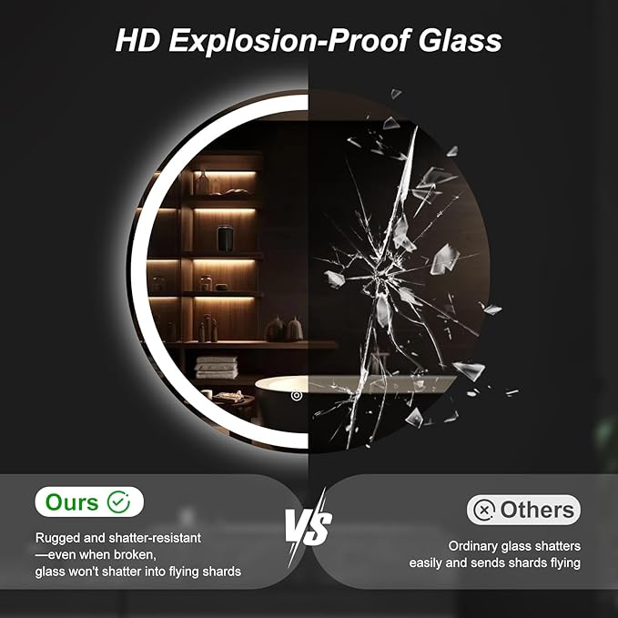 Sweetcrispy 36 Inch Round LED Bathroom Mirror with Lights, Circle Vanity Mirror with Anti-Fog, Dimmable, 3-Color Light, Memory Function, Tempered Glass
