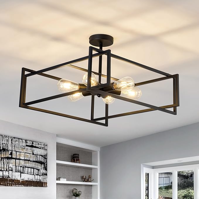 ZGLAOJT 6-Lights Close to Ceiling Light 22.83 Inch Black Light Fixture Industrial Flush Mount Ceiling Large Farmhouse Chandelier Lighting for Kitchen Island Dining Room Bedroom Foyer Hallway
