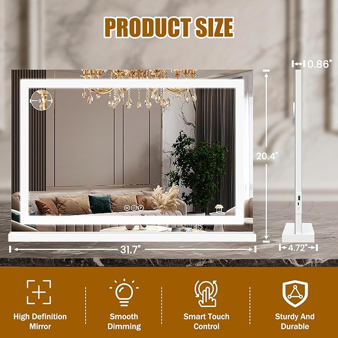 Vanity Mirror with Lights 32"x20", LED Makeup Mirror, 3 Color Lighting Modes, 10X Magnification, Smart Touch Control, Dimmable, Aluminum Metal Frame, Lighted Up for Vanity Desk (White)
