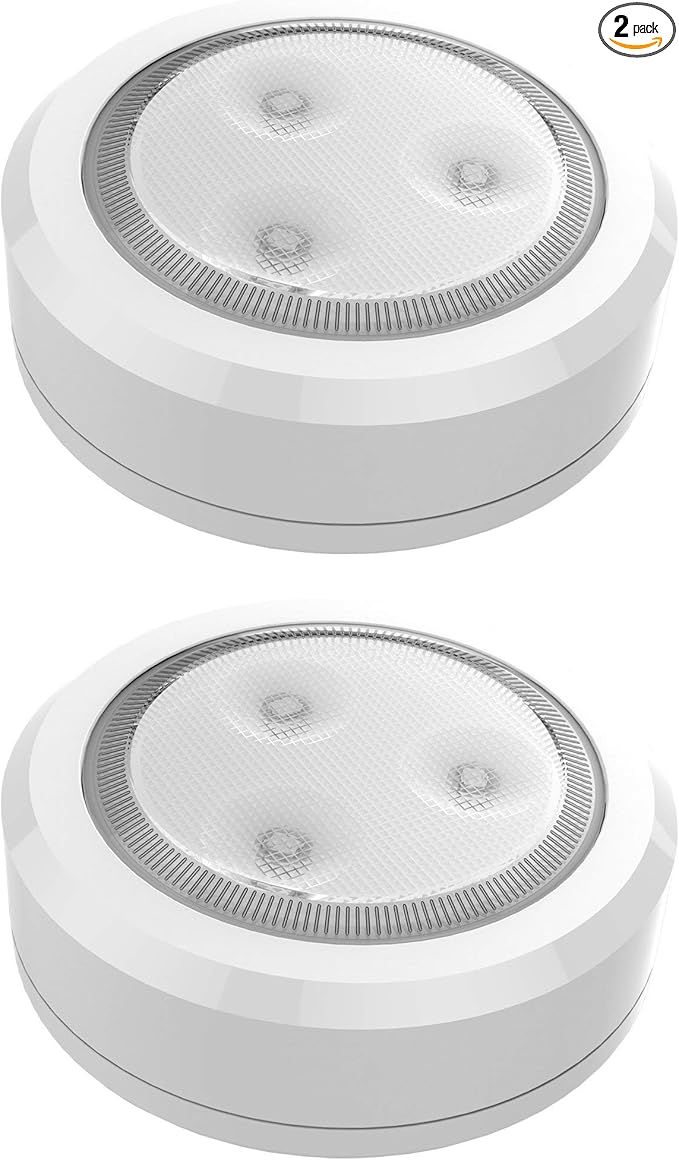 Brilliant Evolution Ultra Thin Wireless LED Touch Lights - Battery Operated Under Cabinet Lighting - Round Puck Lights for Closet, Countertop - Stick On Push Light for Home Decor - Pack of 2