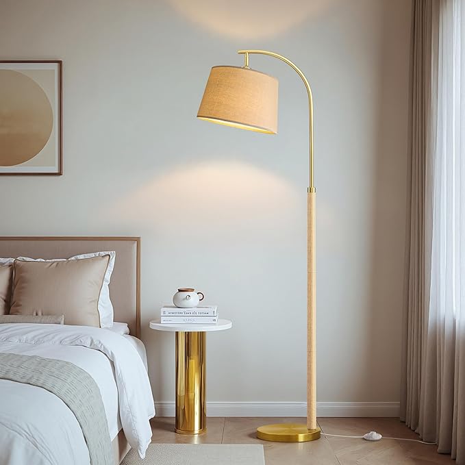 63" Wood Floor Lamps for Living Room with Foot Switch Arc Tall Standing Lamp for Bedroom Mid Century Modern Corner Gold Floor Lamps for Office Nursery Industrial Reading Lamp, Natural Wood