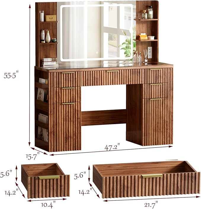 47.2" Fluted Makeup Vanity Desk with Large 28.7" Mirror and Lights, 5 Drawer Vanity with Power Strip, 6 Open Shelves, 2 Cabinet, Modern Bedroom Vanity Featuring Visual Transparent Glass. Walnut