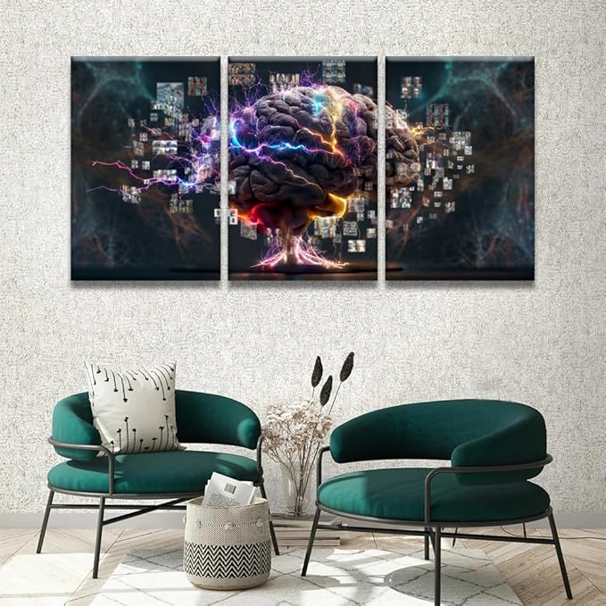 LSIUHWUWI 3 Panel Modern Wall Art Human Brain Full with Creativity Pictures Print on Canvas Wall Art for Bedroom Living Room Home Office Wall Decorations Framed Ready to Hang 16x24inchx3